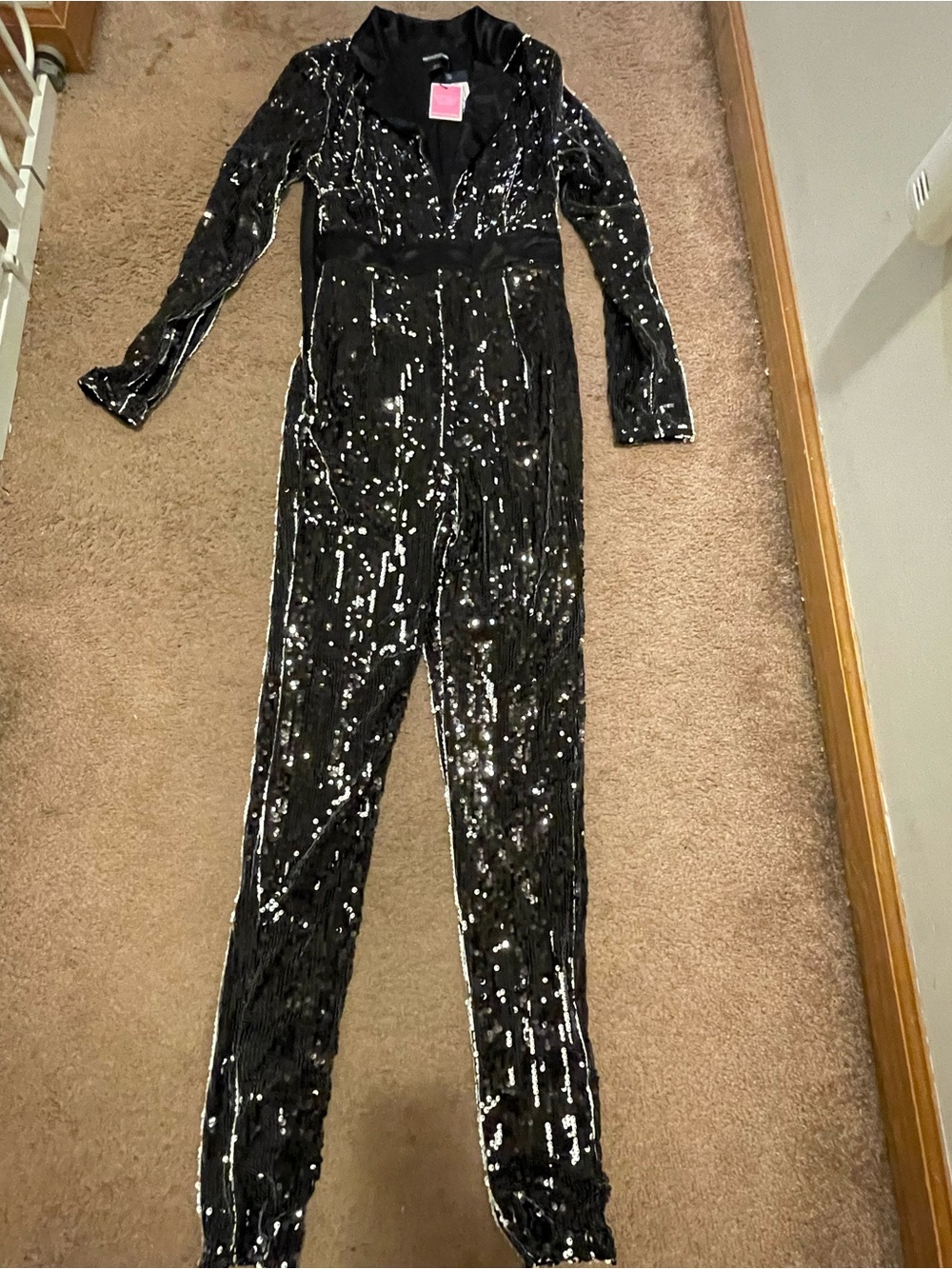 PrettyLittleThing Black Sequin Plunge Neck Long Sleeve Lined Jumpsuit